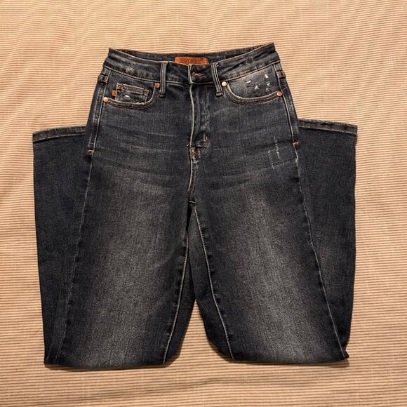 Judy Blue | Slim Fit Jeans | Size 25 | Dark Wash | Distressed Accents - Picture 1 of 4